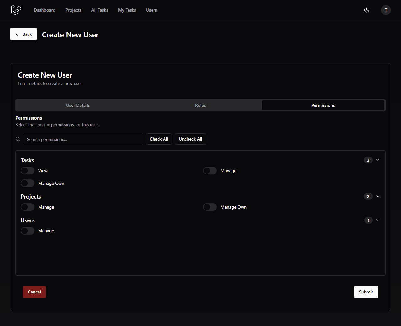 User - Create - Permissions Tab
